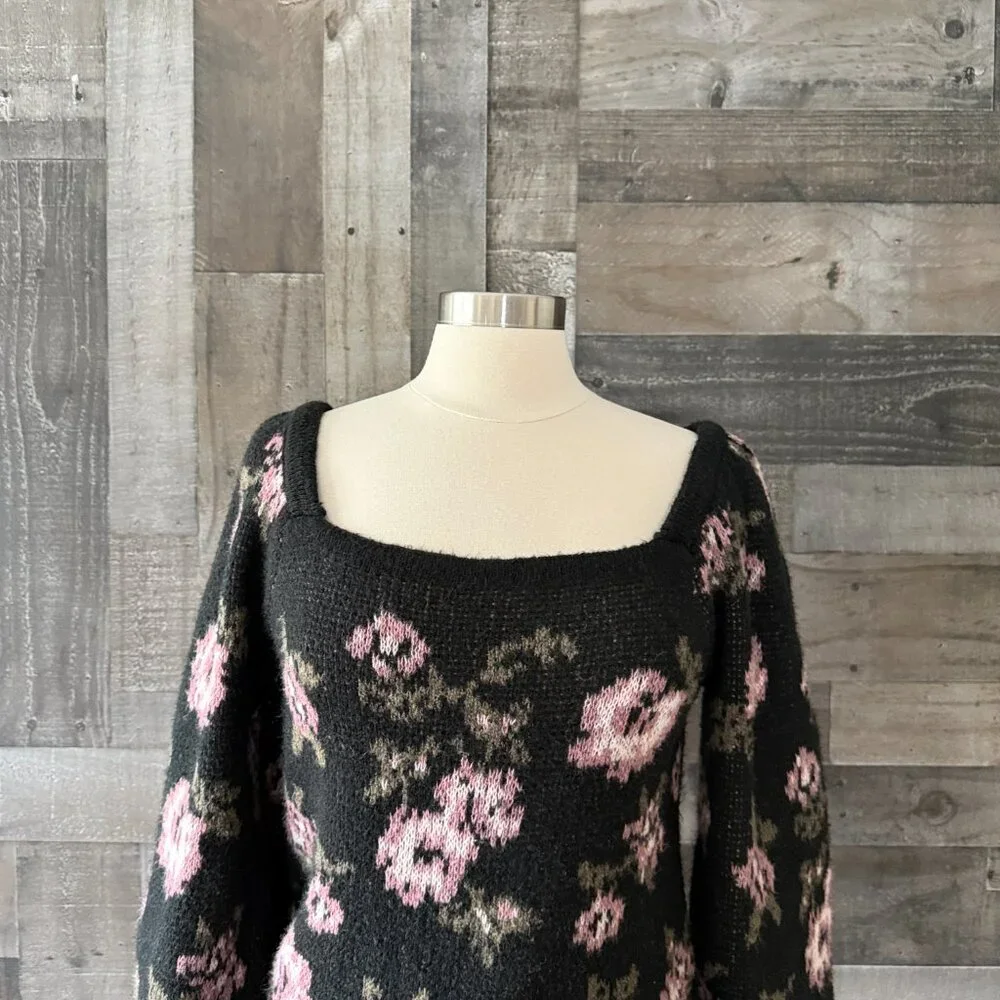 Anthropologie black bishop sleeve sweater medium rose floral dark feminine